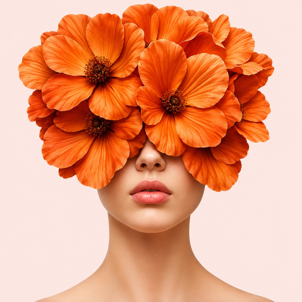 Woman crowned in hibiscus-orange blossoms